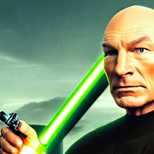 Image similar to screengrab of Captain Picard wielding a lightsaber