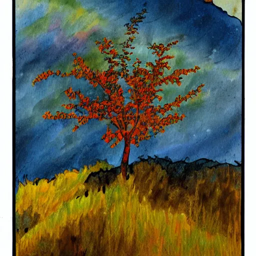 Image similar to A painting of a burning bush in mountainous terrain