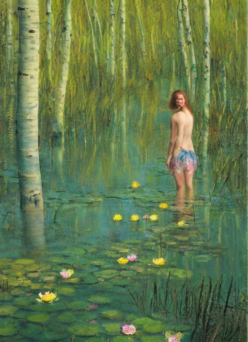 Prompt: painting of a beautiful nymph wading knee height in a shallow pond, obscured by water lilies, aspen grove in the background, by Jeremy Mann, stylized, detailed, loose brush strokes, pastel colors, green and yellow tones