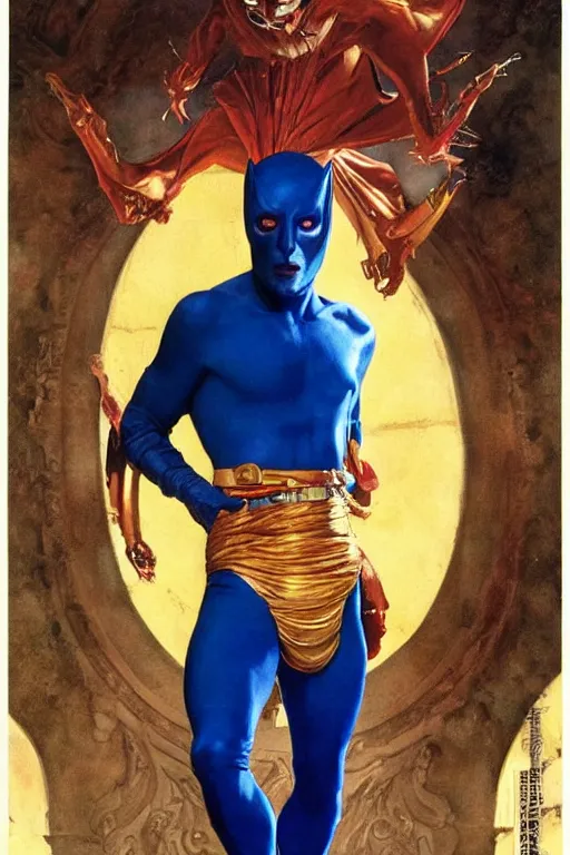 Image similar to full length portrait of udo kier as marvel nightcrawler by lawrence alma tadema, rick berry, norman rockwell, jason fabok. greg staples, nc wyeth, jack kirby, tom lovell