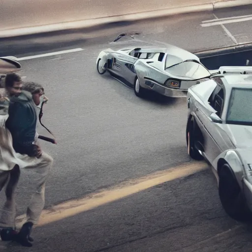 Image similar to film still of futuristic movie. Car chase action scene. Sigma 85mm f/1.2