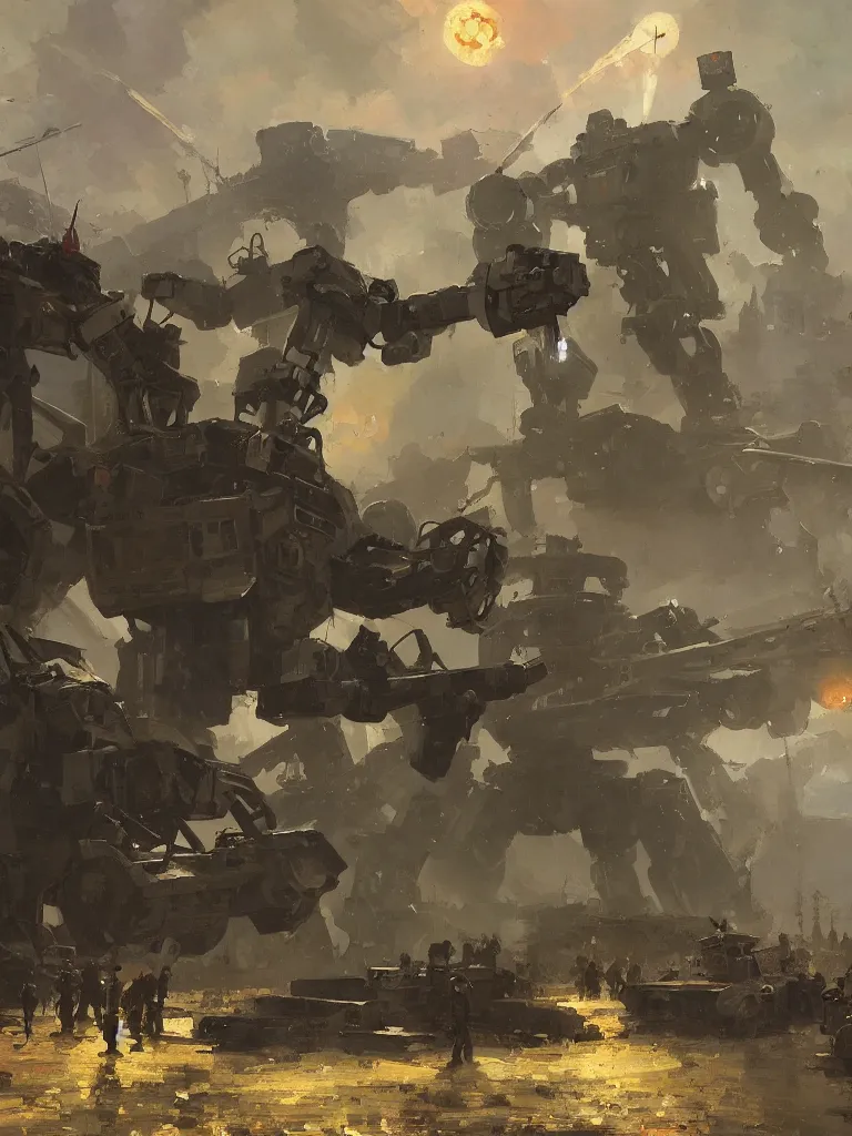 Image similar to russian revolution 1 9 1 0, a russian mecha,, evening, after the storm, drama, by rozalski and craig mullins and kenton nelson, artstation