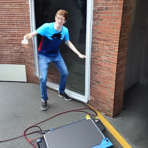 Image similar to Scott The Woz throwing a Nintendo Wii U out a window