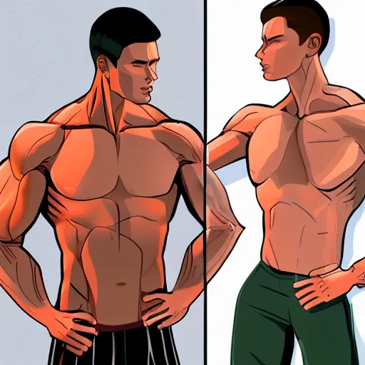 Prompt: a realistic detailed photo of a guy who is an attractive humanoid who is half robot and half humanoid, who is a male android, attractive and handsome latin jogger, shiny skin, posing like a statue, blank stare, in a gym, on display, showing off his muscles, wearing gym shorts, side view, looking at each other mindlessly