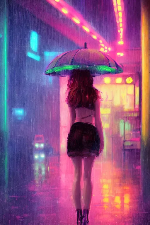 Prompt: cute girl in the rain, neon lights, by wlop, concept art, poster