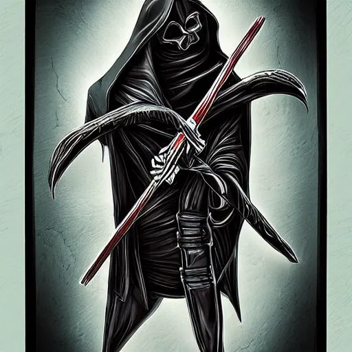 Prompt: Grim reaper playing card, digital art, cinematic, hyper realism, high detail,