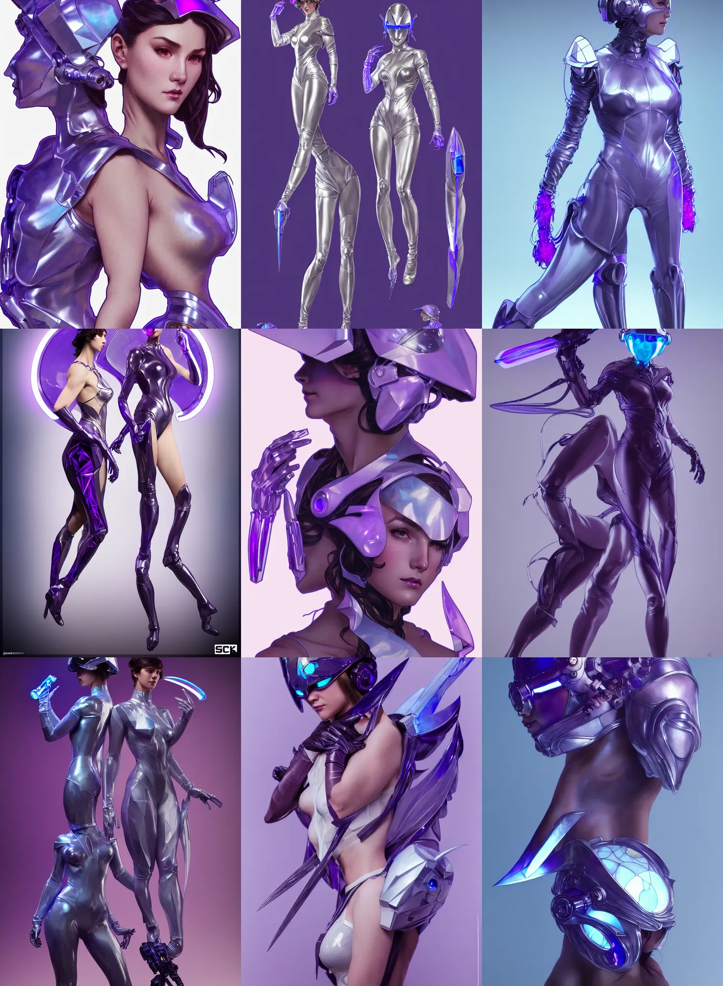 Image similar to a full body character design by artgerm, greg rutkowski and alphonse mucha. sci - fi dagger. laser and bluish violet translucent plastic tape project show attctive showgirl!! sci - fi helmet!! sharp edges. ultra clear detailed. contour light effect!! 8 k. ultra detailed, elegant, intricate, octane render.
