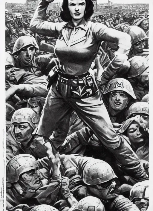 Prompt: beautiful jewish female captain america standing on a pile of defeated german soldiers. jewish feminist captain america wins wwii. american wwii propaganda poster by james gurney