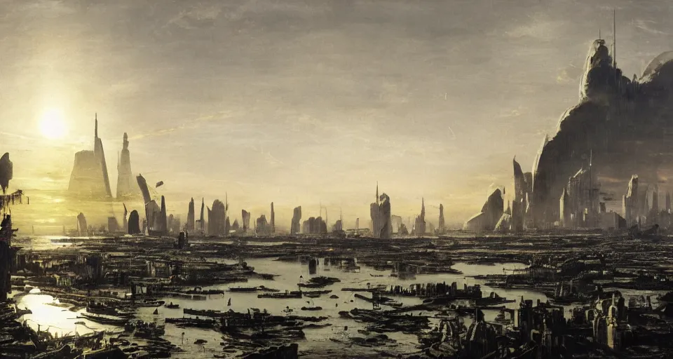 Prompt: view on futuristic city in the horizon, illustration by peder balke, detailed, sharp, 8 k