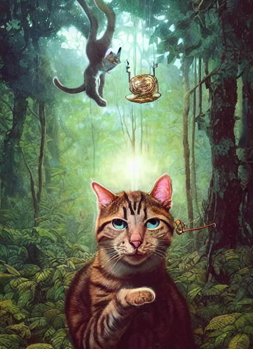 Image similar to a hyper realistic cat god with happy lighting and technology jewelry in the woods gorgeous lighting, sunbeams blue sky, lush forest foliage painting by chiara bautista and beksinski and norman rockwell and greg rutkowski weta studio, and lucasfilm