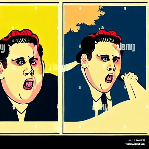 Prompt: how will we capture famous actor jonah hill? he is is causing trouble in this region. How do we stop him? NO JONAH HILLS ALLOWED. JONAH HILL is the subject of this ukiyo-e hellfire eternal damnation catholic strict propaganda poster rules religious. WE RULE WITH AN IRON FIST. mussolini. Dictatorship. Fear. 1940s propaganda poster. 1950s propaganda poster. 1960s propaganda poster. WAR WAR WAR, ANTI JONAH HILL. 🚫 🚫 JONAH HILL. POPE. art by joe mugnaini. art by dmitry moor. Art by Alfred Leete.