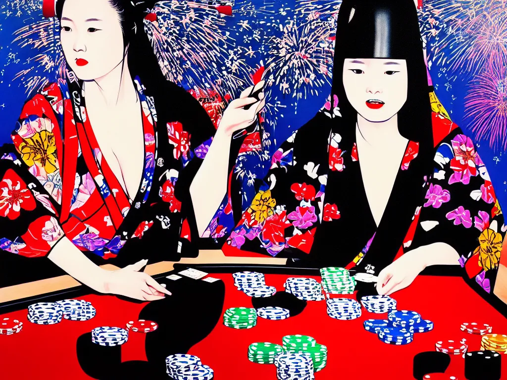 Image similar to hyperrealism composition of the detailed woman in a japanese kimono sitting at an extremely detailed poker table with darth vader, fireworks on the background, pop - art style, jacky tsai style, andy warhol style, acrylic on canvas