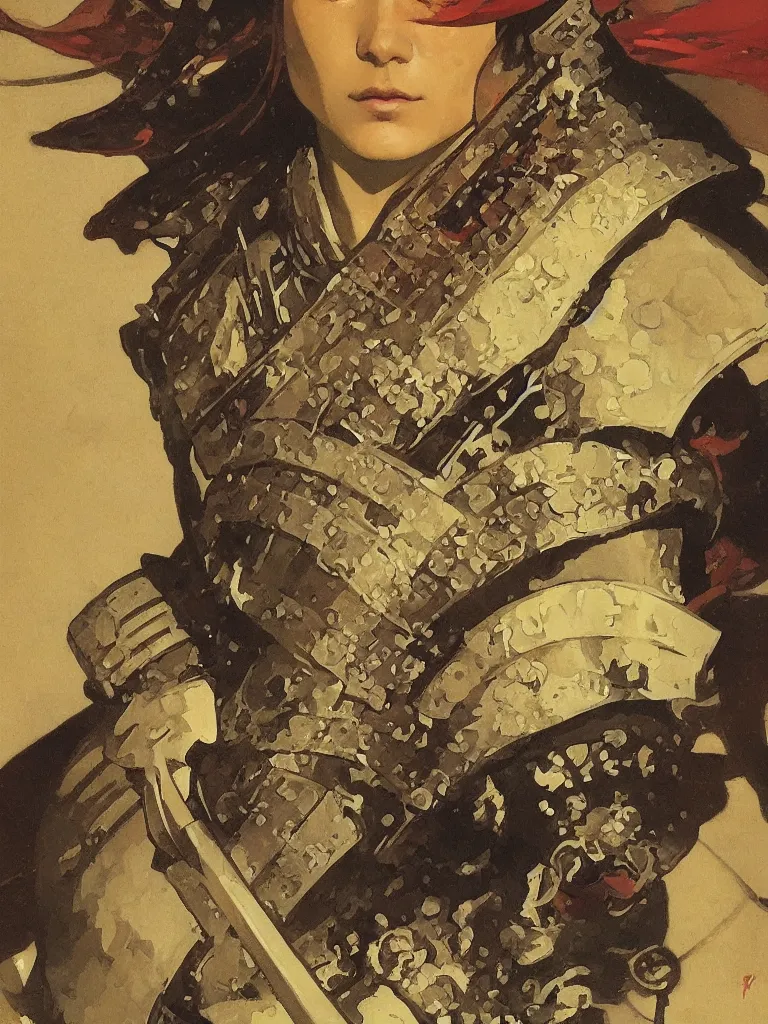 Image similar to close up of a samurai in full armor, by fiona staples, alphonse mucha, greg manchess