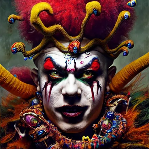 Image similar to uhd photorealisitc authentic psychotic madman wearing ornate clown costume and intricate voodoo makeup, intricate details, vivid colors, frightening surroundings, correct details, in the style of amano, karol bak, akira toriyama, and greg rutkowski