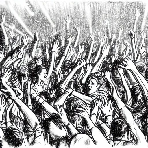 Image similar to the messiest rave you've ever been to, hyper detailed photorealistic pencil drawing of a large group of people dancing at a rave