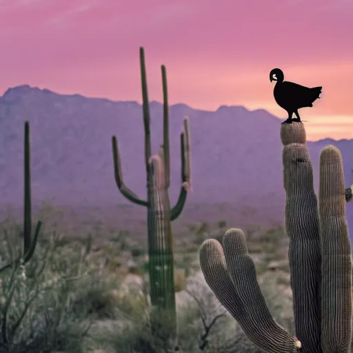 Prompt: A Dodo bird perched atop a Saguaro cactus in the desert, trending on Artstation , high detail, dramatic perspective.