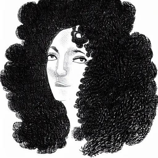 Image similar to a black and white line drawing of the silhouette of a woman with long curly hair using a dress