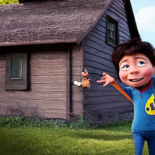 Image similar to a hero shot for a movie poster of an anthropomorphic main character of a kids movie by pixar, proudly smiling and standing in front of a small and compact wooden house