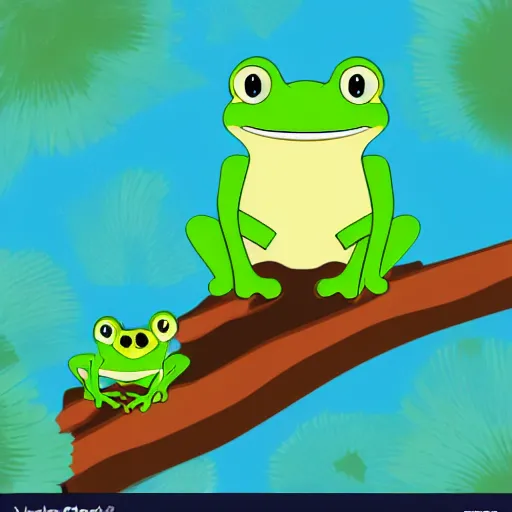 Prompt: Two frogs sitting on a log in a pond, vector image