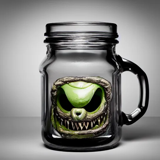 Image similar to Evil monster in a jar, product photography, centered, studio lightning