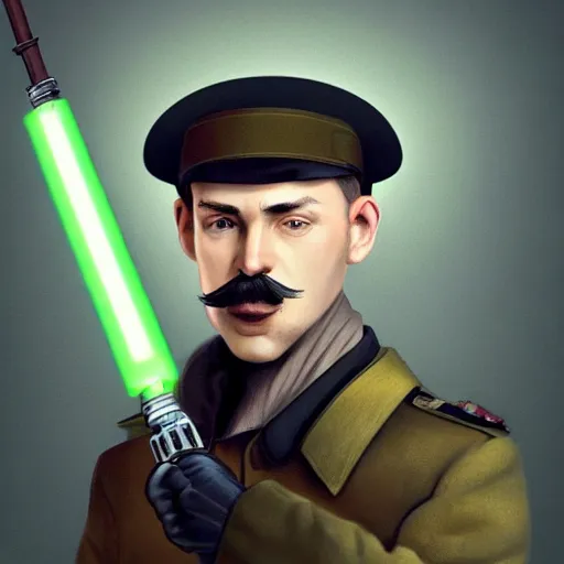 Prompt: character portrait of a russian man in khaki military tunic wearing black wool high hat with black moustache holding a lightsaber, medium shot, oncept art, global illumination, 4 k, hyper detailed, pixar animation style, 8 k, studio light, award winning, by artgerm, sylvain sarrailh, rossdraws, wlop, beautiful