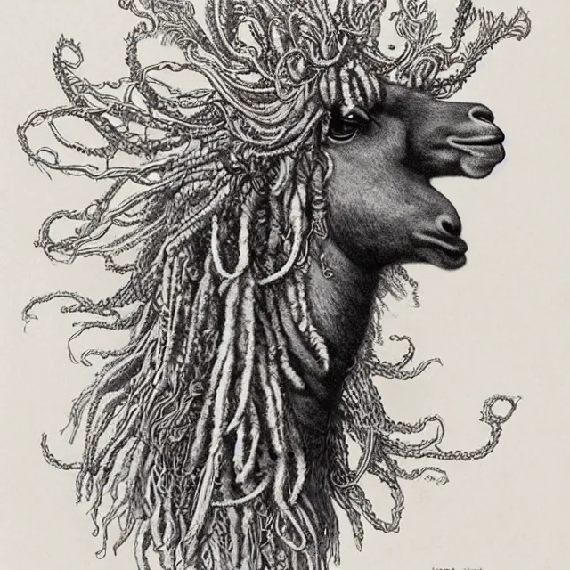 Image similar to llama with dreadlocks, by ernst haeckel, artgerm, james jean