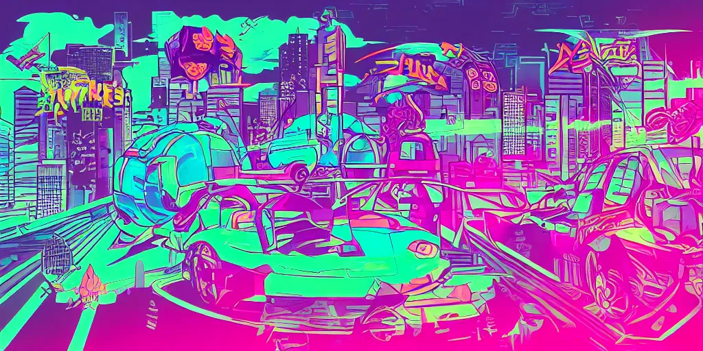 Image similar to vaporwave, vector graphics, ninja turtles, synthwave, neon, cityscape