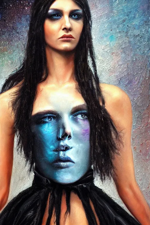 Image similar to hyperrealism oil painting, close - up portrait of punk gothic medieval brunette fashion model, knight, steel gradient mixed with nebula sky, in style of baroque