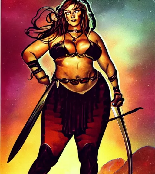 Prompt: 1 9 8 0 s fantasy novel book cover, bbw plus size amazonian emma watson in extremely tight bikini armor wielding a cartoonishly large sword, exaggerated body features, dark and smoky background, low quality print