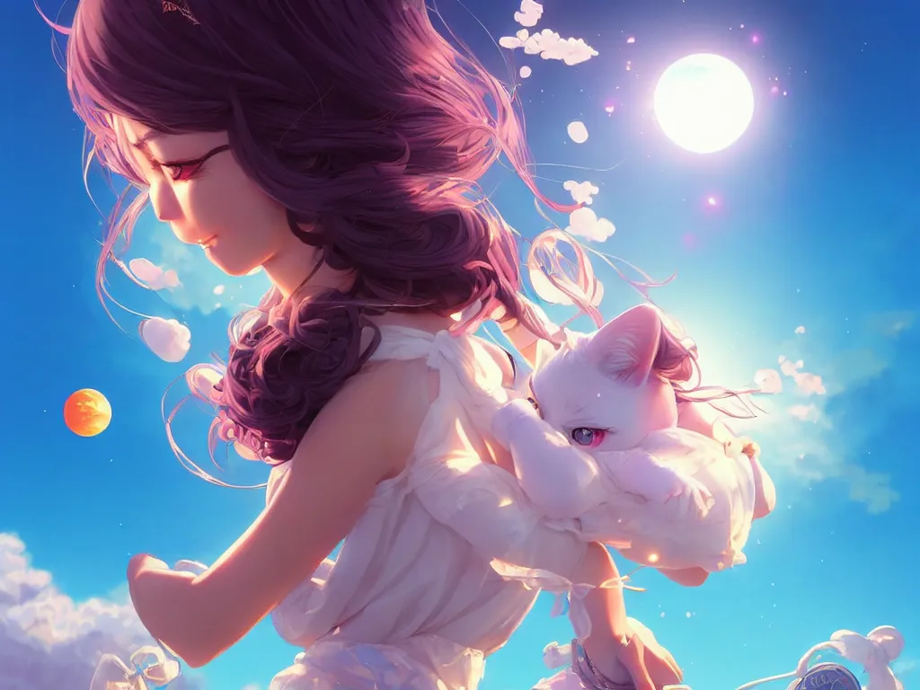 Image similar to bubbly lovely hopefully magical girl flying to the sun set with her kitty, occlusion shadow, specular reflection, rim light, unreal engine, artgerm, artstation, art by hiroaki samura and ilya kuvshinov and ossdraws, high quality, intricate detailed 8 k, fantasy illustration, extremely beautiful and aesthetic shape of face and body, movie poster