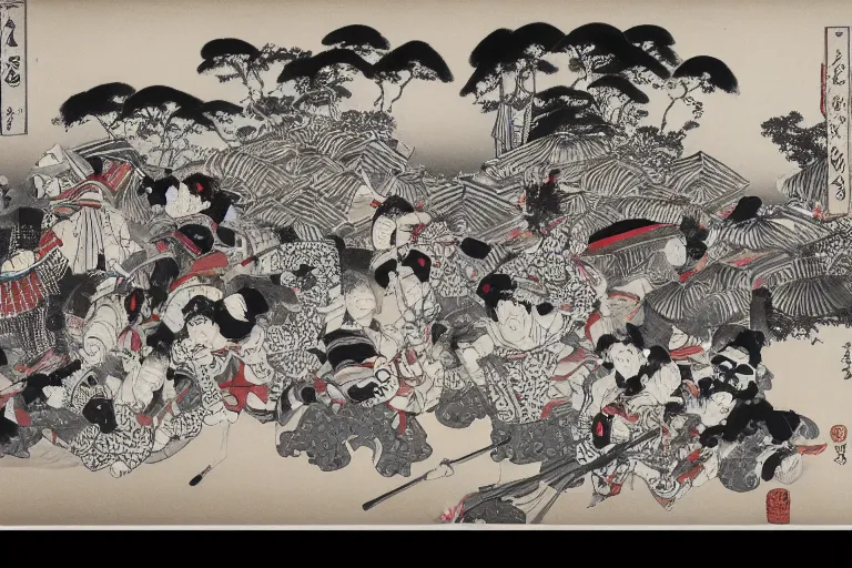 Image similar to black and white japanese painting of a circus, lots of clowns, flat, extremely detailed, water color and ink, painted by hokusai, 4 k,