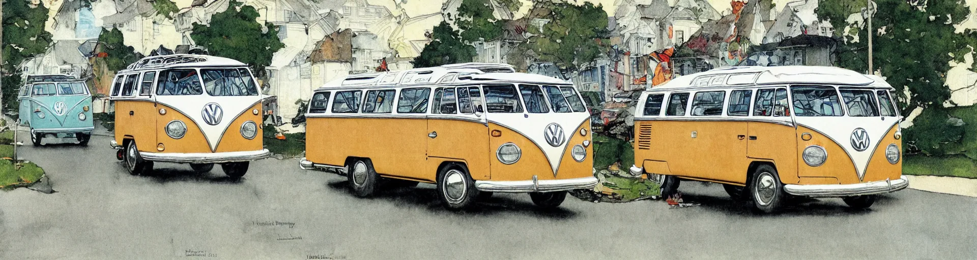 Prompt: vw bus on a street, illustration by norman rockwell