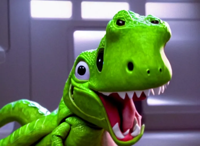 Image similar to film still of yoshi in the new sci - fi movie, cute upright dinosaur with a small turtle shell and long tongue, 8 k