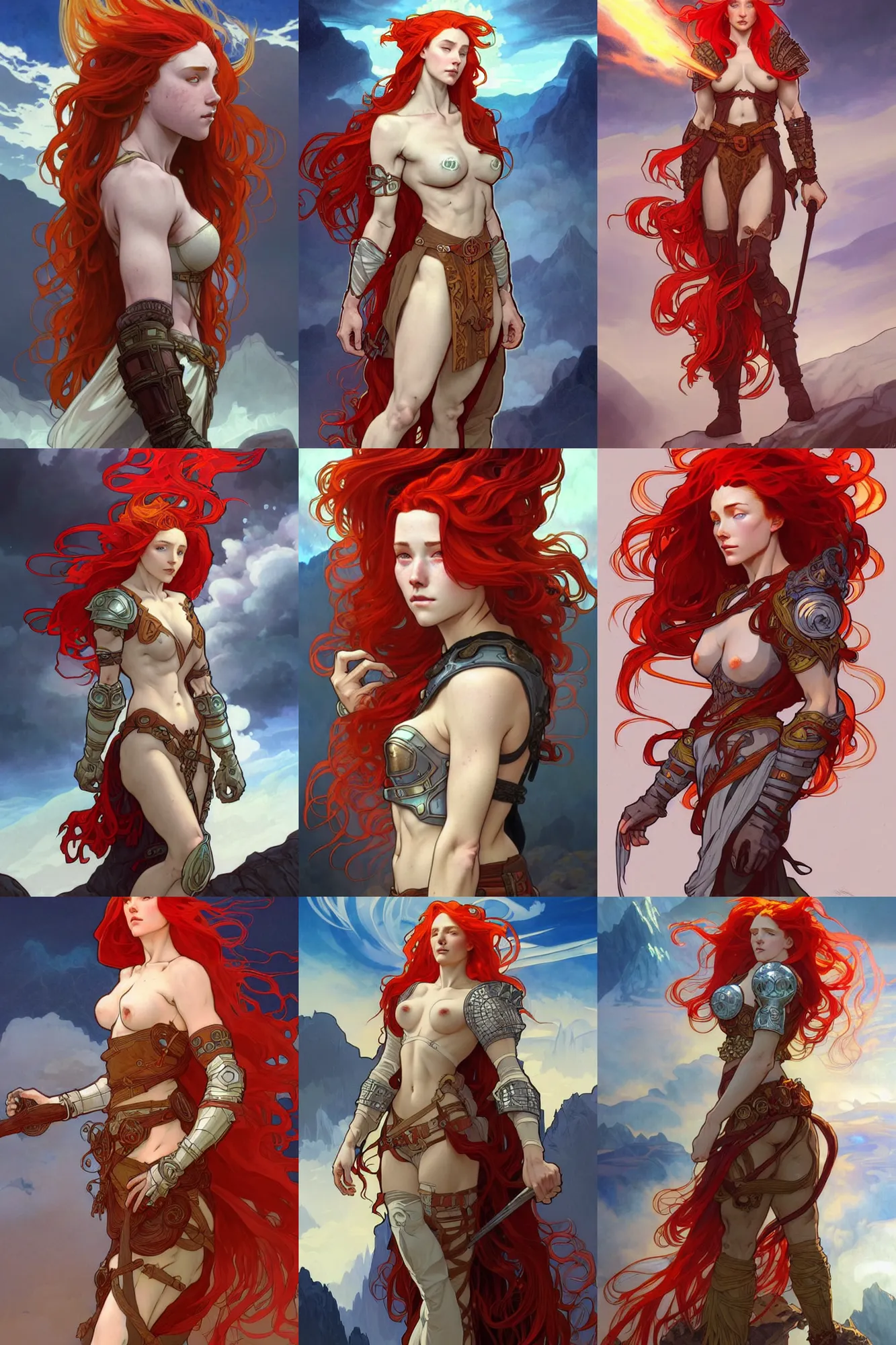 Prompt: a beautiful fire wizard with fire red hair, freckles. wearing armor inspired by alphonse mucha with an exposed midriff, standing on a mountain top with epic clouds and volumetric lighting. intricate illustration and highly detailed digital painting. concept art by artgerm. inspired by brom art and larry elmore.