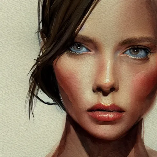 Prompt: watercolor rendering of a woman, close up shot, artstation, detailed, semi - realistic digital art