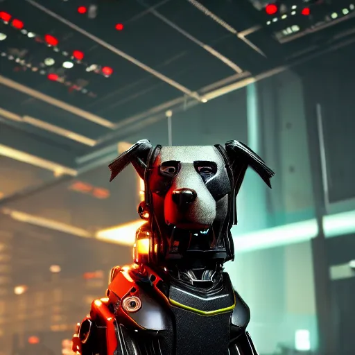 Image similar to cyberpunk dog robot, photorealistic, 8 k, highly detailed, lots of wires, scary, reflections, metal, 8 k