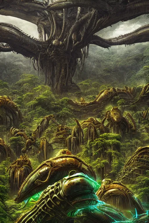 Image similar to alien hive in the exotic jungle, landscape, alex ross, giga, david finch, concept art, matte painting, highly detailed, rule of thirds, dynamic lighting, cinematic, detailed, denoised, centerd