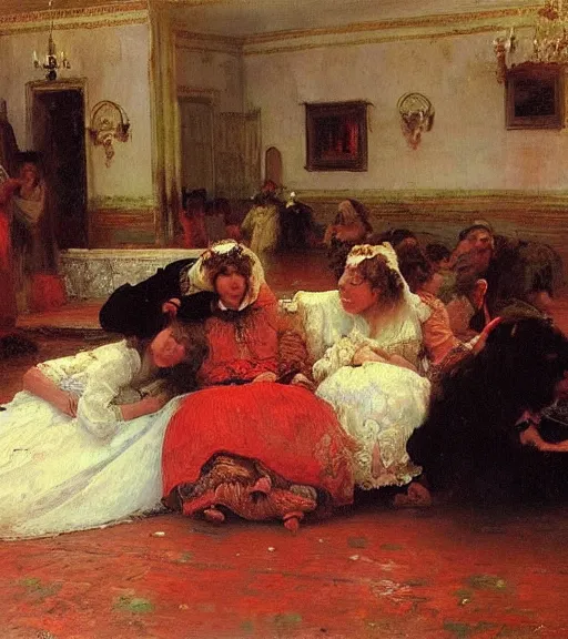 Image similar to high quality high detail painting by ilya repin, many brides in a blood flooded house, hd