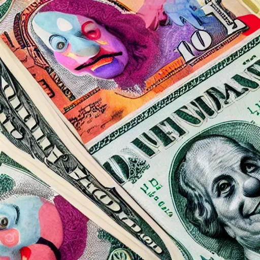 Prompt: A dollar banknote with a colorful clown face printed on it in the middle, whiteface makeup