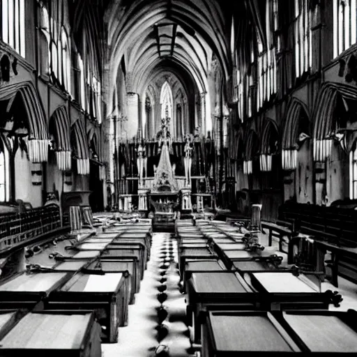 Image similar to Robots from the 1950s praying in pews in a cathedral church