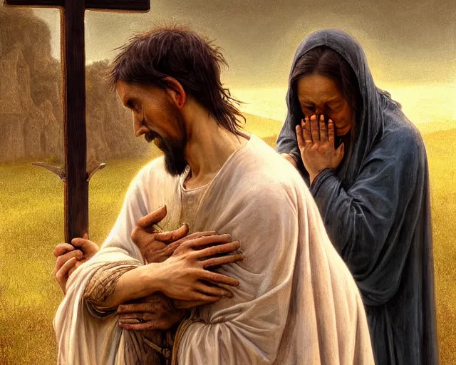 Image similar to realistic matte painting of a poor hungry couple praying to a cross and crying, emotional sad painting, very poor, hungry, love eachother, medieval peasants, fantasy, cruel, dramatic lighting, intricate, wild, highly detailed, digital painting, artstation, concept art, smooth, sharp focus, illustration, art by artgerm and greg rutkowski and alphonse mucha