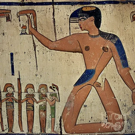 Image similar to a man swimming at a beach, artwork by ancient egyptian mural, tomb, fresco, register, hieroglyphics.