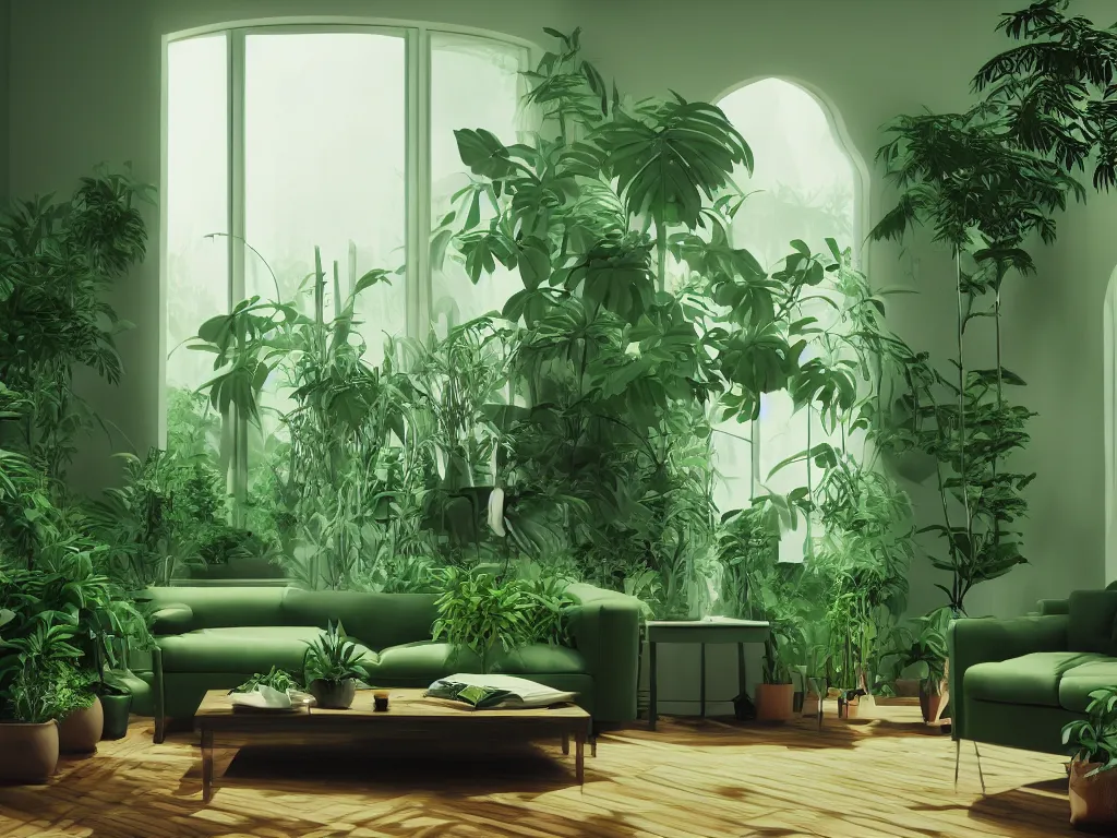 Image similar to comfy green living room with many plants, complicated liminal interior, Lynchian, unsettling, dreamlike with vapor clouds and painting by Henri Rousseau, 3D render by Beeple and Barry Chuckle, layered, parallax effect