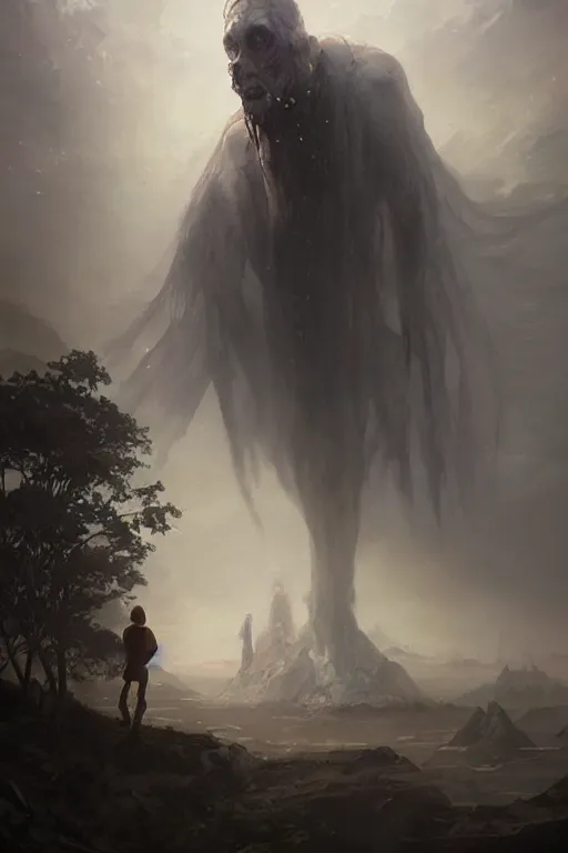 Image similar to a beautiful terrifying pale humanoid giant looms over a tiny human. ethereal fantasy art by greg rutkowski