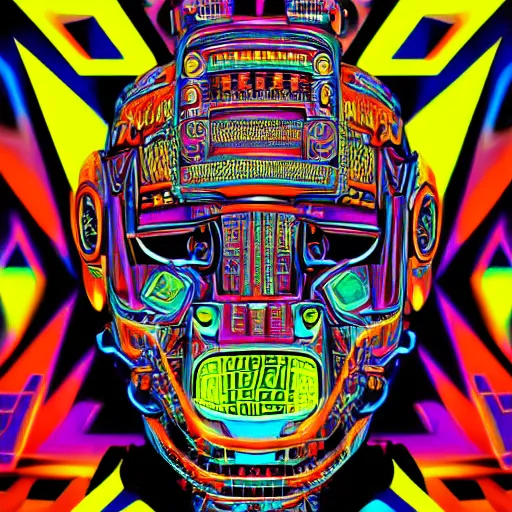 Prompt: hyperdetailed portrait of a aztec futurism punk robot head, 8 k, symetrical, flourescent colors, halluzinogenic, multicolored tshirt art, black background