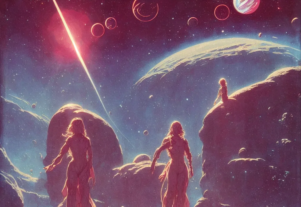 Image similar to illustrated by moebius and greg rutkowski, romantic!!! space scene!! with standing young girl!!!!, orbit of earth!, futuristic orbital station!!!!, nebulae!!, starry sky!!, rule of third!!!!, vintage cover of sci - fi magazine, cinematic!!