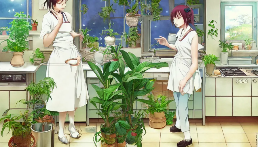 Image similar to a woman standing in a kitchen next to a plant, a storybook illustration by kiyohara tama, pixiv contest winner, magic realism, pixiv, official art, anime aesthetic