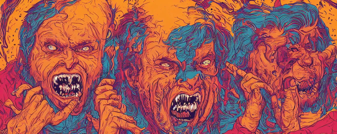 Image similar to portrait of a mad man screaming eating another head, by josan gonzales and Dan Mumford, santacruz art style