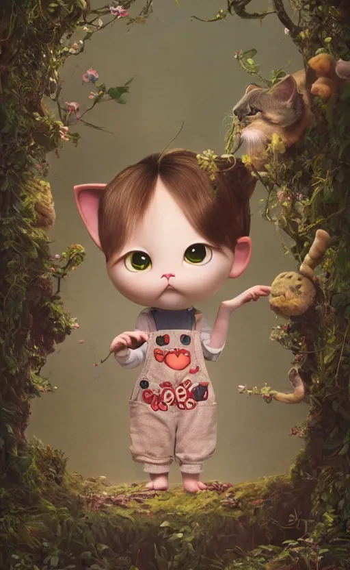 Prompt: very beautiful portrait of an extremely cute and adorable cat wearing overalls, smooth, perfect face, fantasy, character design by mark ryden and pixar and hayao miyazaki, sharp focus, concept art, intricate detail, cinematic lighting, hyperrealistic, 5 0 mm, diorama macro photography, 8 k, nature