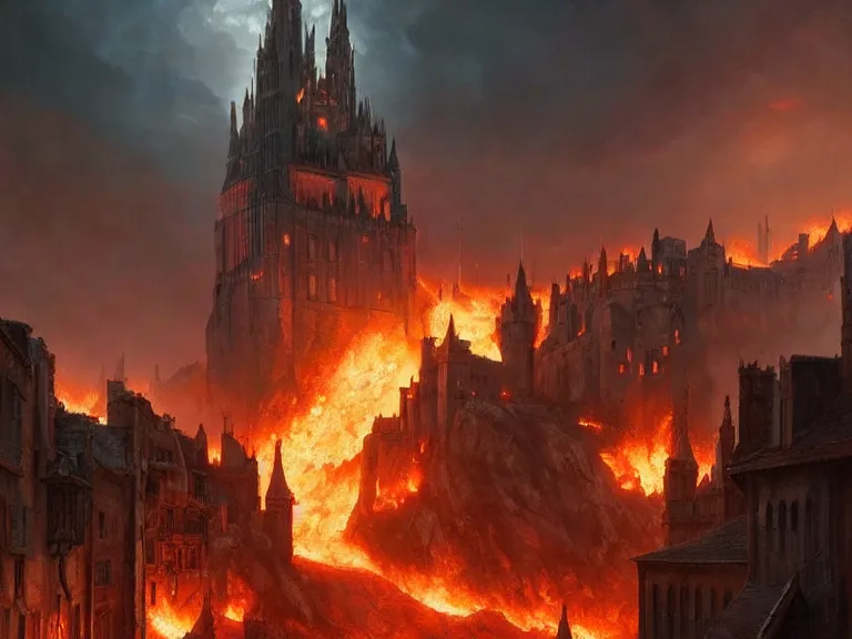 Image similar to medieval cities on fire, lord of the rings, game of thrones, unreal 5, cinematic, 8 k, unreal engine, beautiful, smoothly, concept art, artstation, highly detailed, by wlop, by greg rutkowski, oil painting, by artgerm